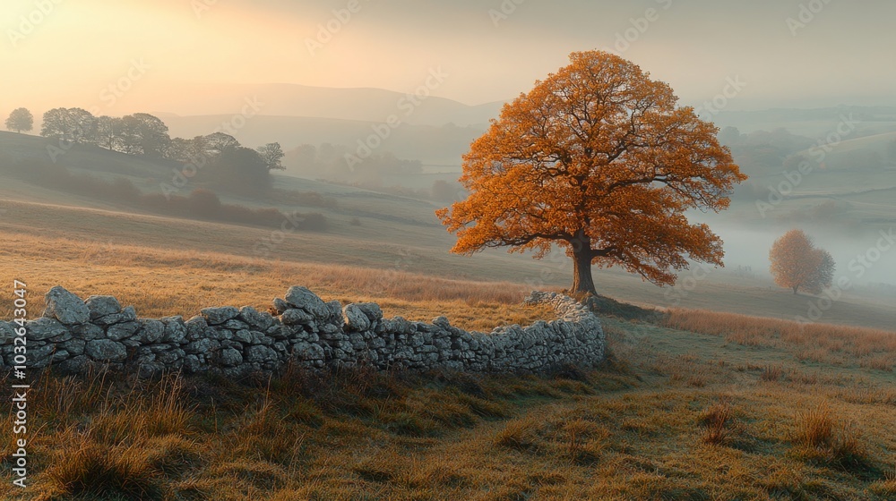Aufkleber a solitary orange tree stands alongside a rustic stone wall in a serene valley. early morning mist e
