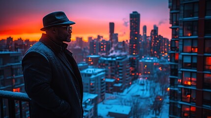 Man gazing at a vibrant city skyline at sunset.