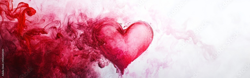 Poster a vibrant heart shape emerges from swirling red smoke creating a romantic atmosphere in a minimalist