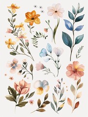Plants and flowers in a white background. Watercolor wildflowers and leaves illustration set. Botanical leaf, floral, wedding, card, invitation, greeting decoration.