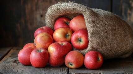 Sack of freshly harvested apple spilling onto a rustic wooden surface