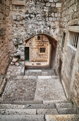 Narrow street in the old town of Dubrovnik, Croatia.