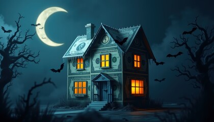 Miniature haunted house made of dollar bills with bats and ghosts for Halloween branding or advertising