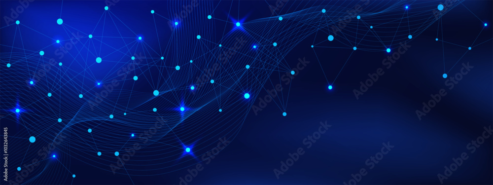 Wall mural abstract science and technology background with network connection dots lines and wave flows. big da