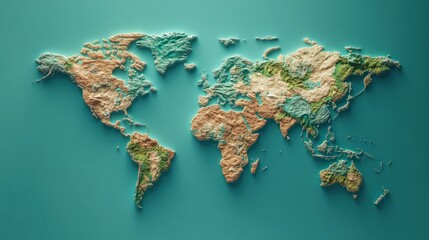3D World Map on Blue Background with Copy Space
