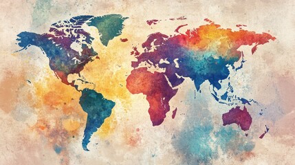 A beautiful watercolor world map featuring soft colors and abstract shapes, perfect for educational and decorative purposes.