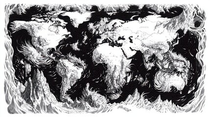 A black and white world map with the continents of Africa, Asia, Europe, and America. The map is drawn in a stylized way, with the continents outlined in black and the oceans in white