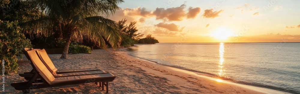 Poster serene beach at sunset with lounge chairs set against gentle waves and palm trees in the background.