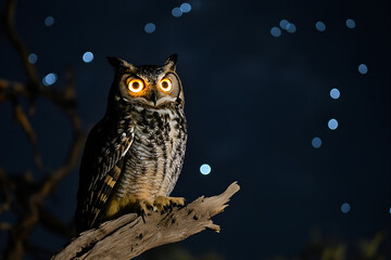 Owl Perched on a Tree Branch at Night: An owl with glowing eyes perched on a branch, with a starry night sky in the background, Animal wildlife photography