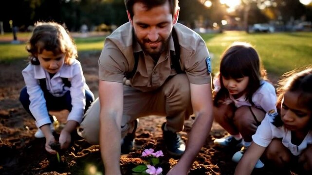 A young male scout leader and a warm smile, crouches in a public park, demonstrating how to plant flowers in the soil.