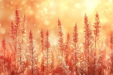 Golden fields illuminated by soft morning sunlight capturing the delicate beauty of nature in autumn with tall grasses swaying gently in the warm light evoking serenity and peace