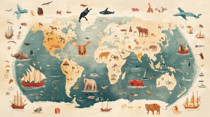 Fototapeta premium A colorful map of the world with various animals and boats. The map is a representation of the world and its diverse features