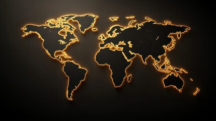 A dark wall-mounted glowing world map highlighting global business locations, modern.