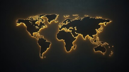 A dark wall-mounted glowing world map highlighting global business locations, modern.