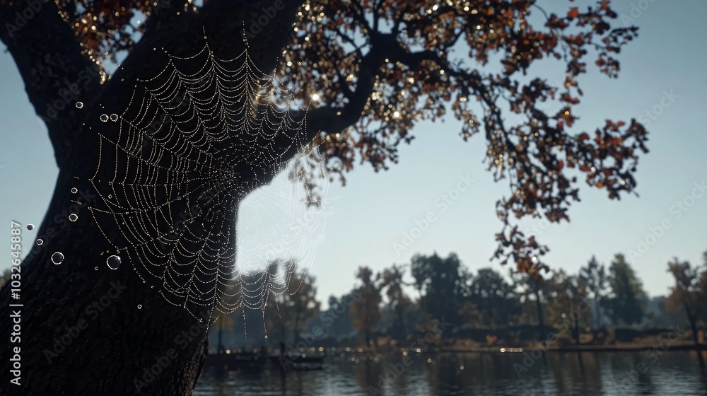 Poster a spider web with dew drops on it hangs between the branches of a tree, in front of a calm lake.