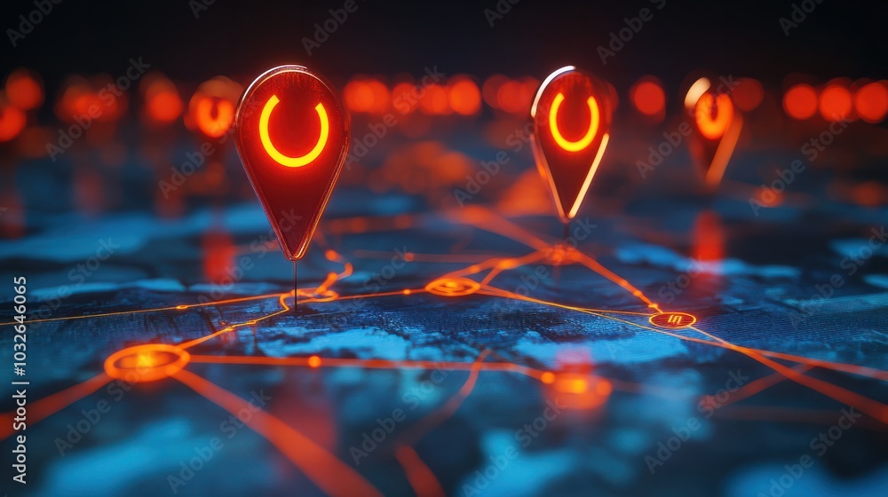Poster a digital map featuring interconnected location pins, symbolizing global network connectivity and ge