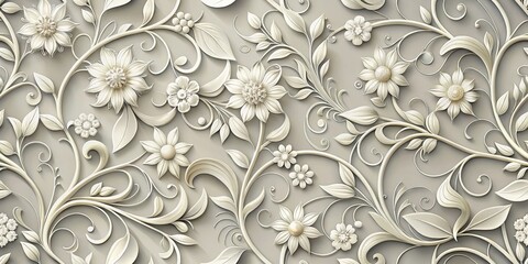 3D White Floral Pattern on Gray Background, Floral Design , 3D Art