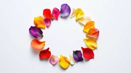 Delicate flower petals in vibrant hues form a circular Rangoli design radiating beauty on a pristine white background ideal for celebrations and spiritual events