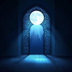 Islamic Realistic background with Moonlight blue shine through the window into a dark room
