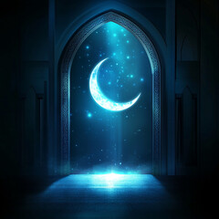 Islamic Realistic background with Moonlight blue shine through the window into a dark room