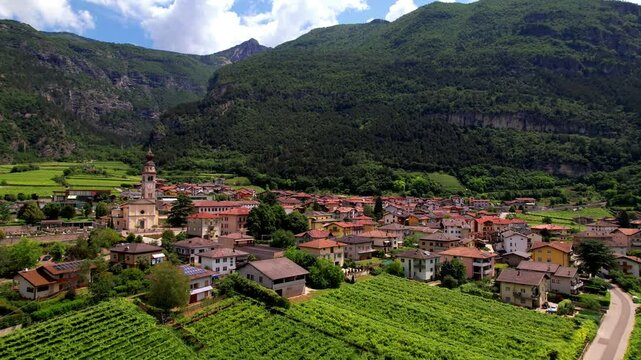 Aerial view of Castel Beseno and Besenello village . Italy , Trento province, Trentino region. drone video in 4k
