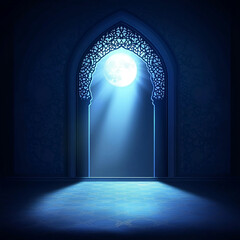 Islamic Realistic background with Moonlight blue shine through the window into a dark room