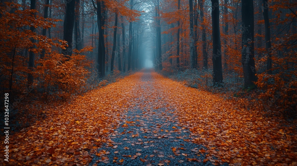 Poster a quiet pathway meanders through a forest filled with tall trees. the ground is covered with bright 