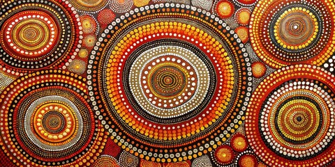 Obraz premium Abstract Dot Art - Concentric Circles with Orange, Red, and Black Colors, dot art, aboriginal art