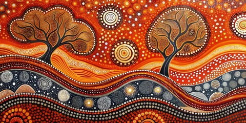 Abstract Dot Painting with Trees and Spirals, Australian Art, Indigenous Art