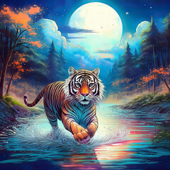 A majestic Royal Bengal tiger, its orange, black, and white stripes gleaming, dashes across a moonlit river in the forest, under a sky of clouds illuminated by a full moon.