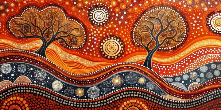 Abstract Dot Painting with Trees and Spirals, Australian Art, Indigenous Art
