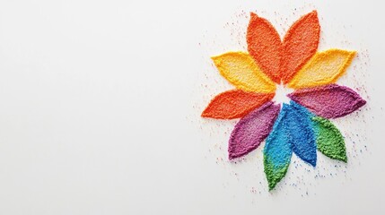 A vibrant Rangoli design features colorful sand arranged in a geometric flower pattern on a plain white surface. The design showcases various bright colors and shapes ideal for festive occasions