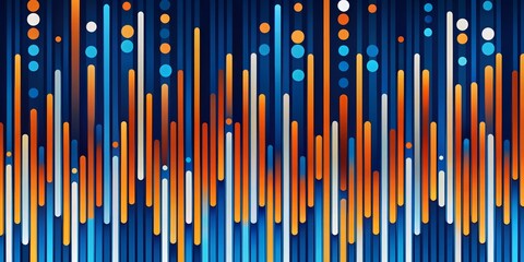Abstract Geometric Pattern of Vertical Lines and Circles in Blue, Orange, and White, abstract art , geometric art
