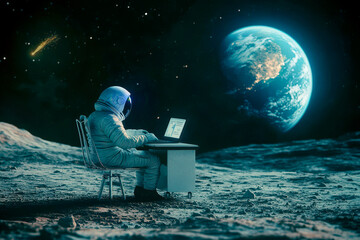 Astronaut Working on a Laptop at a Mobile Desk on the Moon, View of Earth