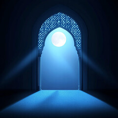 Islamic Realistic background with Moonlight blue shine through the window into a dark room