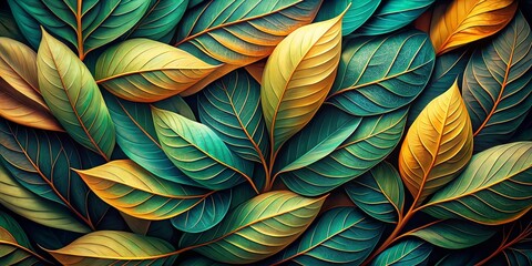 Abstract Green and Yellow Leaves Close Up, Digital Art, Nature, Pattern, Texture, Green, Yellow