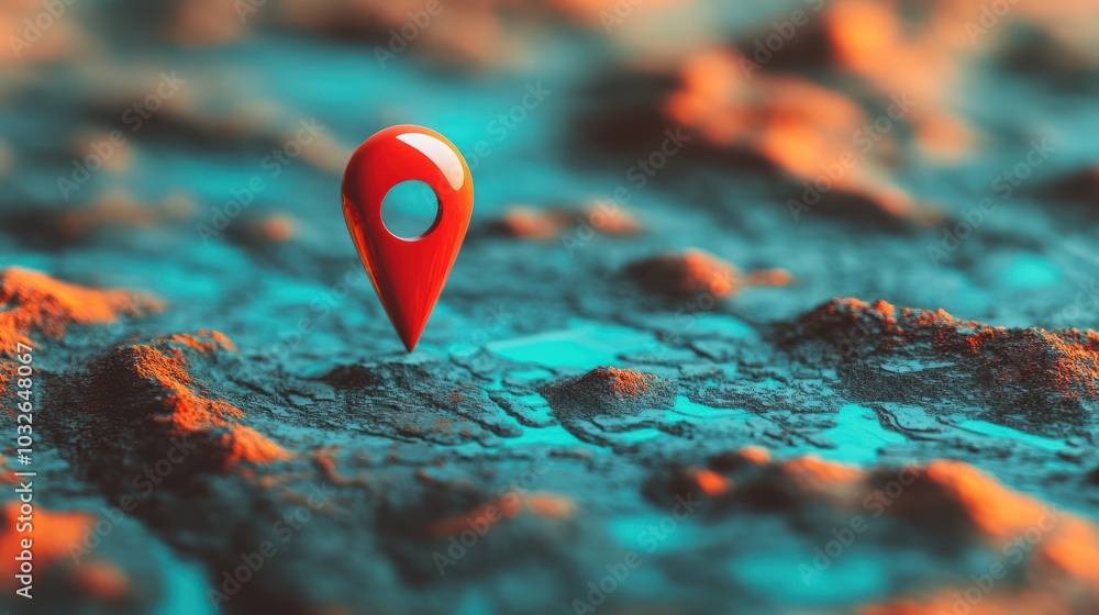 Poster a minimalistic and sleek image featuring a red location pin on a modern, teal and orange map backgro