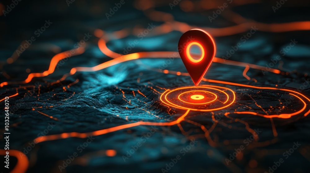 Poster a minimalistic and sleek image featuring a red location pin on a modern, teal and orange map backgro