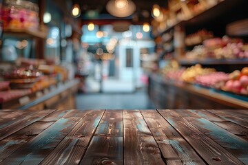 An empty wooden table in a grocery store