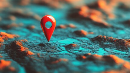 A minimalistic and sleek image featuring a red location pin on a modern, teal and orange map background, ideal for navigation apps and travel services. Generative AI