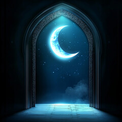 Islamic Realistic background with Moonlight blue shine through the window into a dark room