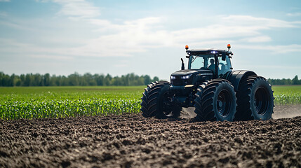 Obraz premium A large tractor is driving through a field of corn