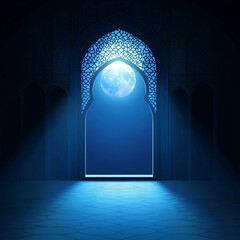 Islamic Realistic background with Moonlight blue shine through the window into a dark room