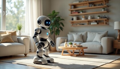 An advanced robot assisting in household chores in a futuristic living room