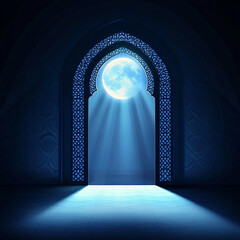 Islamic Realistic background with Moonlight blue shine through the window into a dark room