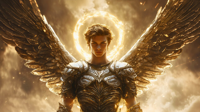 The Archangel Michael, the most powerful of all angels, in all his glory and clad in armor, is the highest-ranking warrior angel who led the army against the rebel Lucifer, as depicted in the Bible.