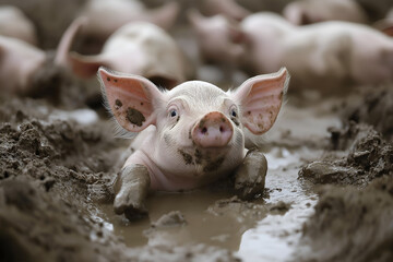 Playful Piglets in Mud: A group of adorable piglets rolling and playing in a muddy pen, capturing their playful nature and farmyard charm, Animal farmlife photography