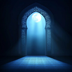 Islamic Realistic background with Moonlight blue shine through the window into a dark room