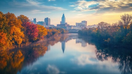 Obraz premium A serene view of the Cumberland River flowing through Nashville Tennessee during a crisp fall morning, serene, calm, stock image, flowing, fall, river, autumn, reflection, landscape