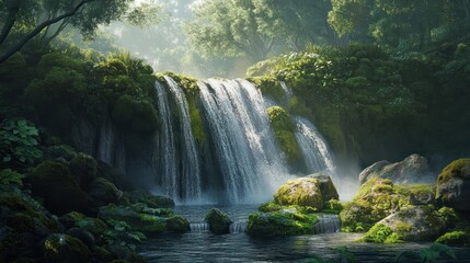A serene waterfall flowing over moss-covered rocks in a forested area.